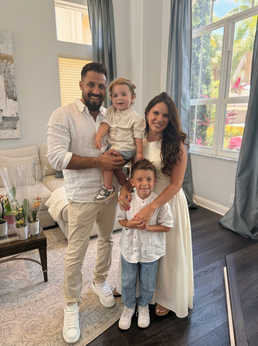 Portrait of Jackson Castilho, founder of JC Signature Solutions, with his family at home