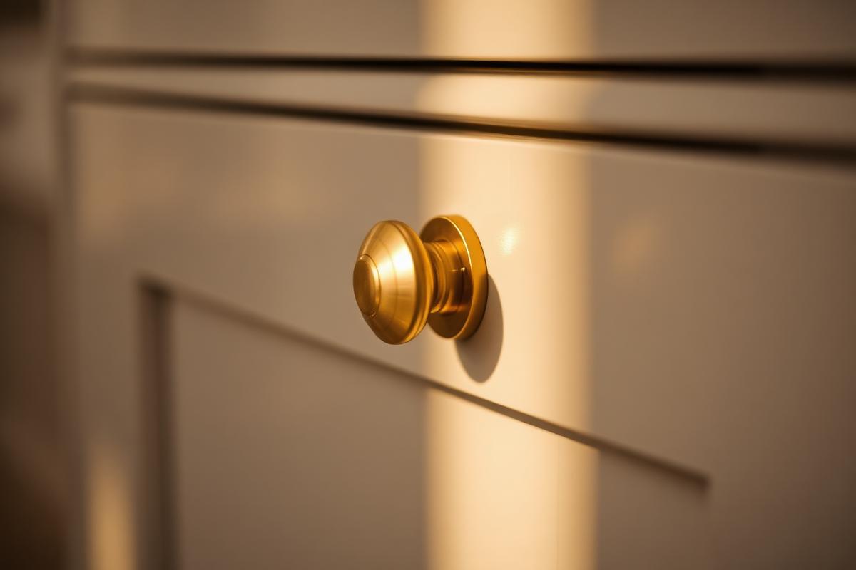 Solid brass hardware set into a cabinet door