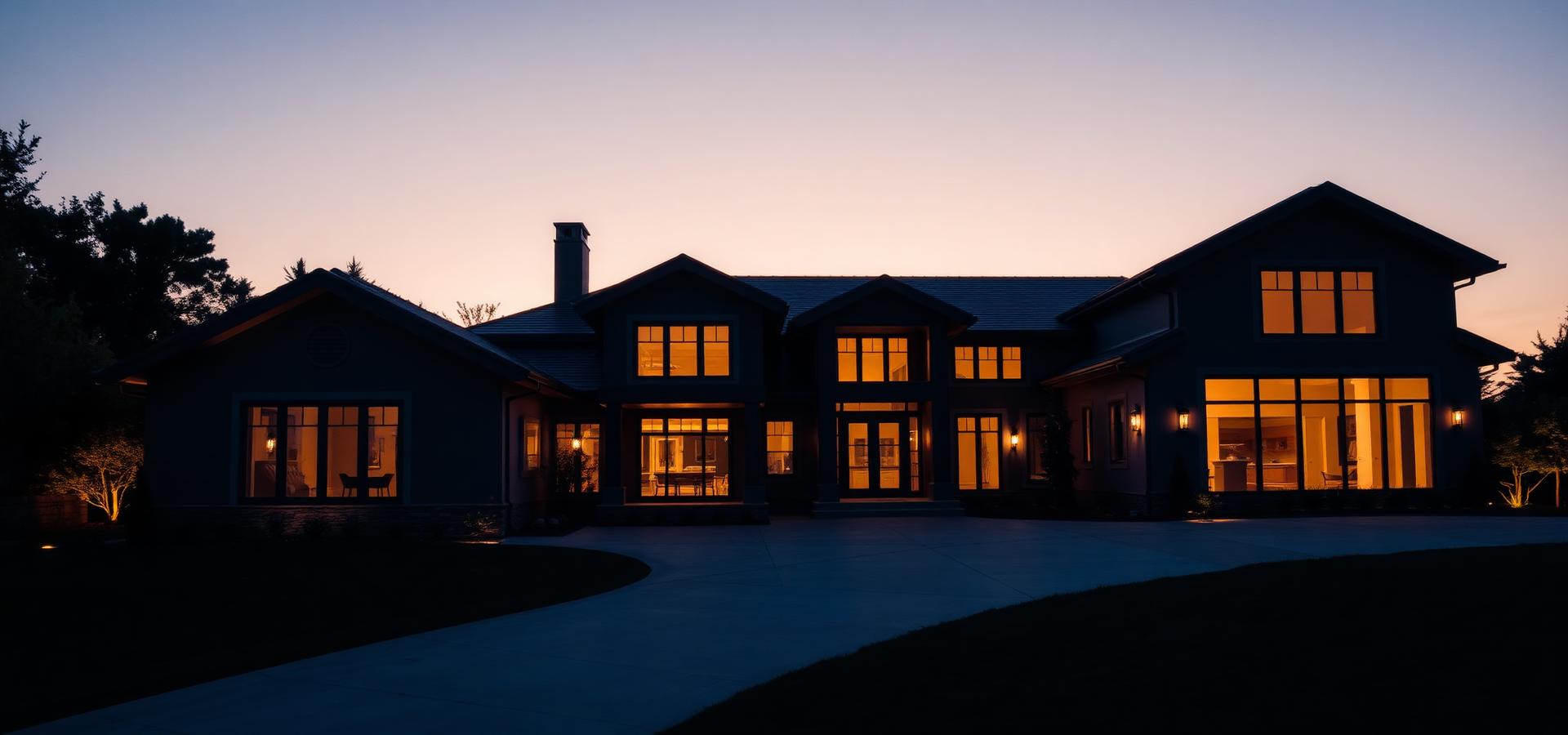 Evening view of a completed home with warm interior light